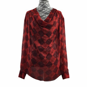 Cabi Red Diamond Drape Cowl Neck Medallion‎ Blouse